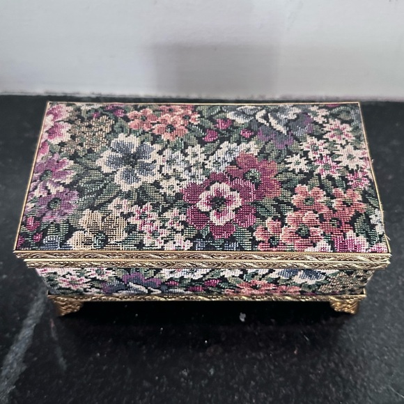 Vintage Brass Music Box w/ Floral Cloth. "Yesterday" by The Beatles - Picture 2 of 5